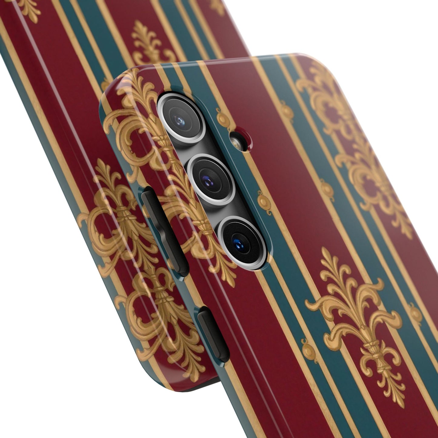 Elegant Vintage Tough Phone Case, Luxury Phone Protection, Stylish Phone Cover, Durable Phone Accessory - Burgundy Striped Gold Baroque