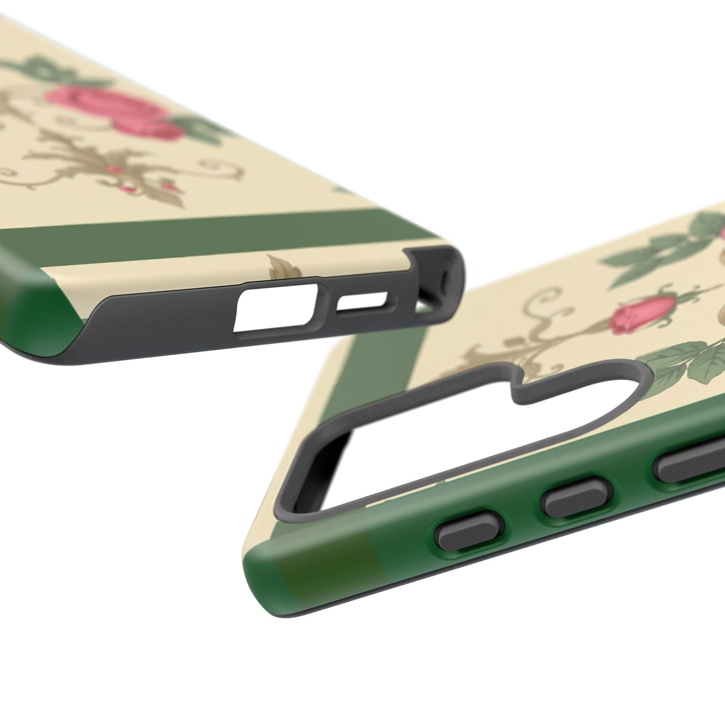 Elegant Floral Motif Phone Case - Tough Cases with Vintage Design - Green Border Roses & Damask