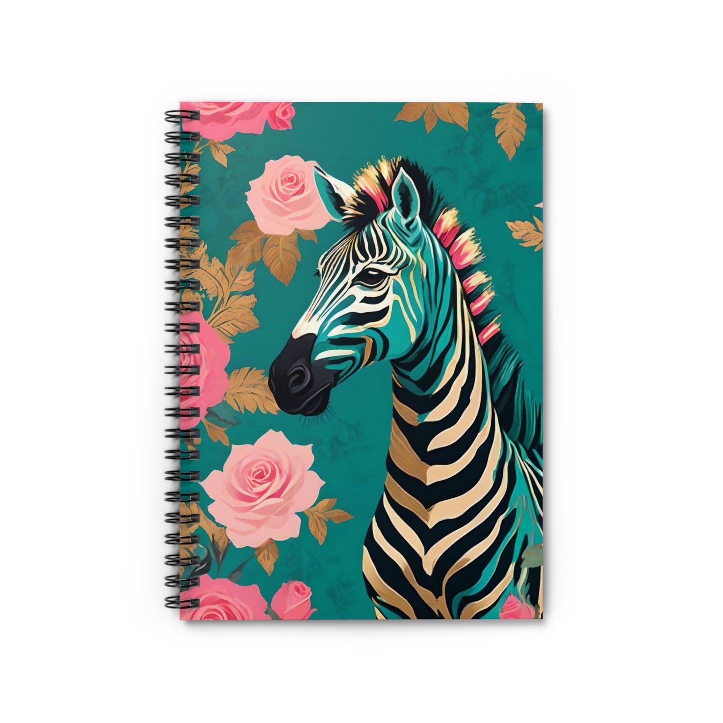 Elegant Vintage Spiral Notebook - Ruled Line with Teal & Gold Zebra & Roses