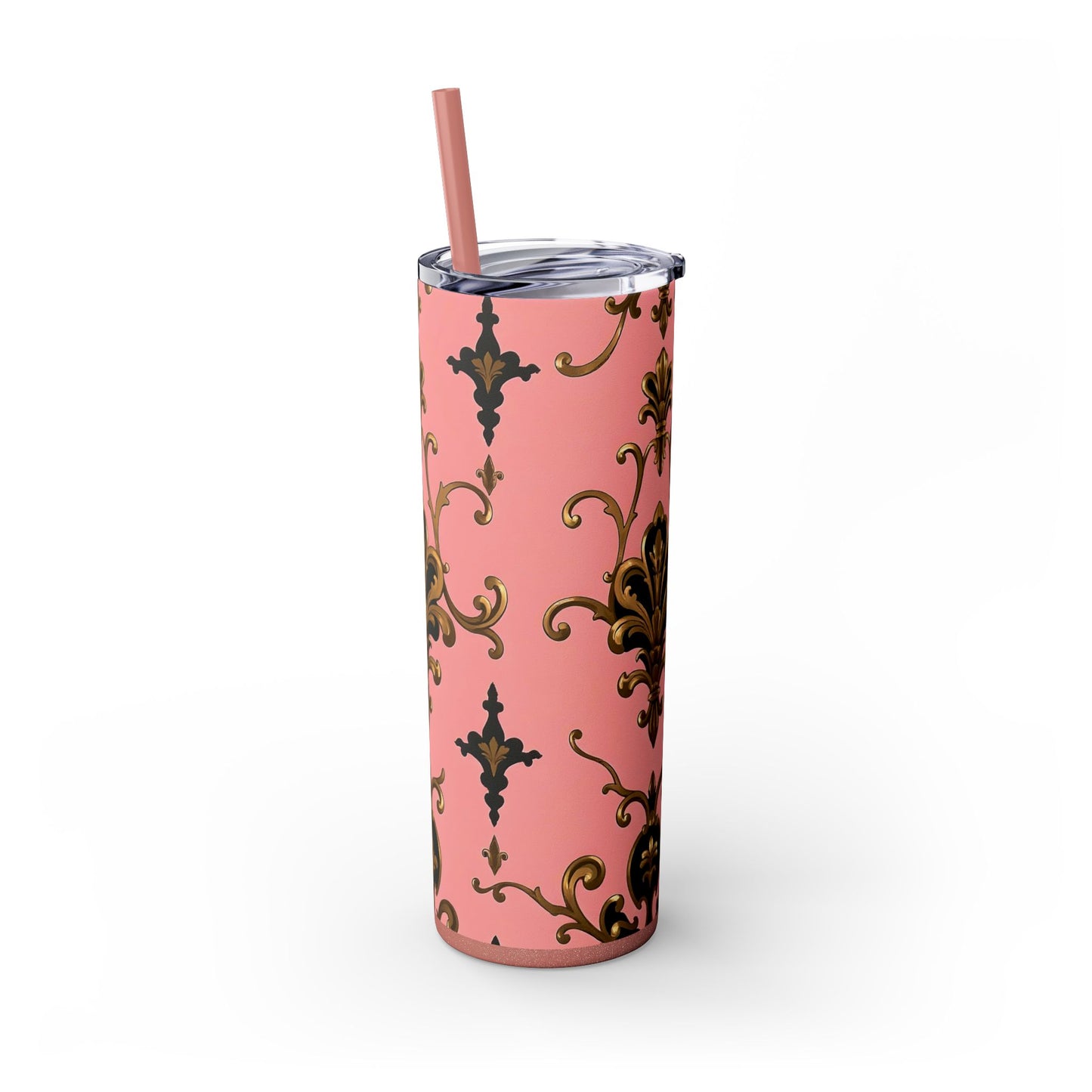 Elegant Pink Damask Skinny Tumbler, 20oz Drinkware, Stylish Reusable Cup, Travel Mug, Gift for Her, Home Decor - Pink, Black & Gold Rococo
