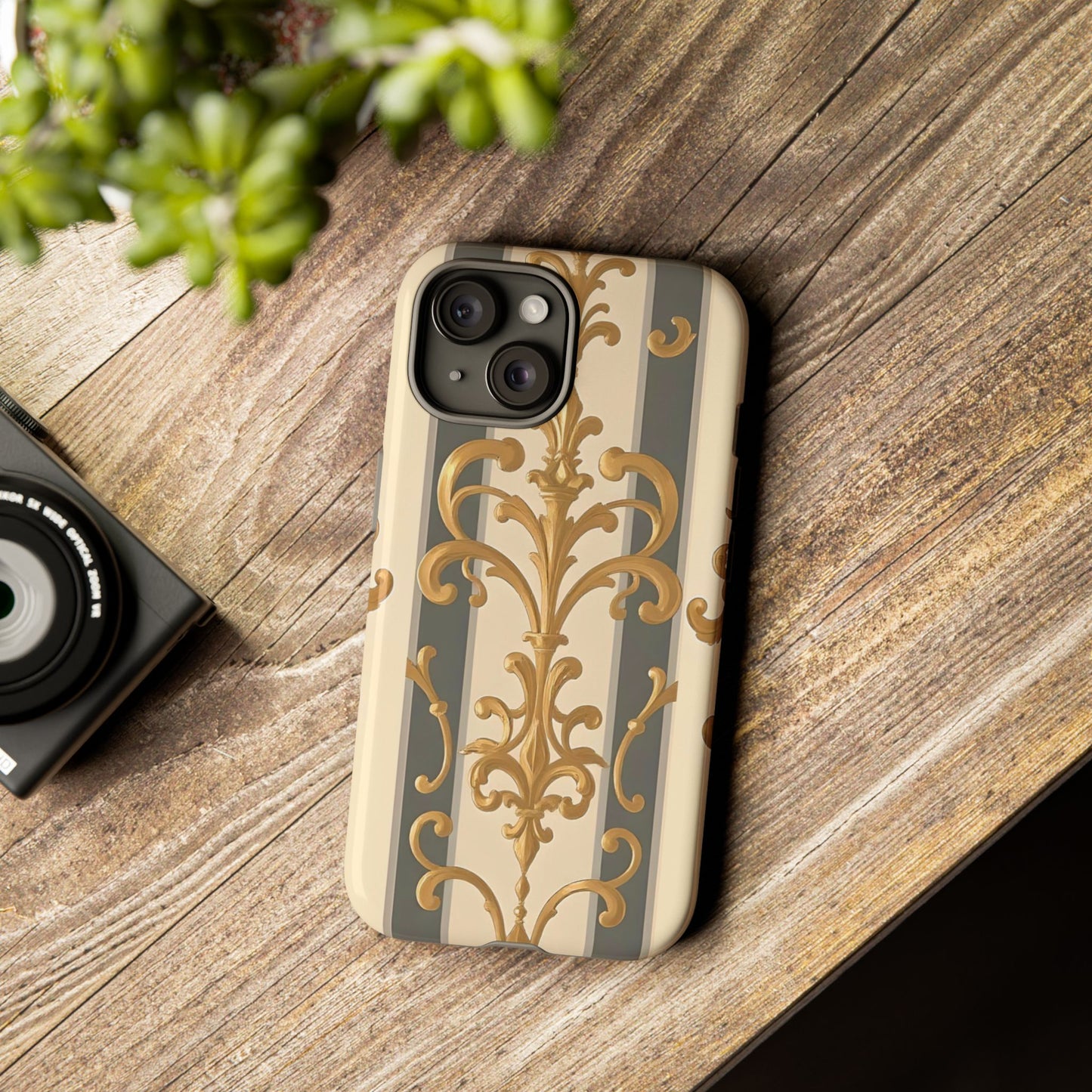 Elegant Floral Motif Phone Case - Tough Cases with Vintage Design - Dusk Olive Striped Gold Damask