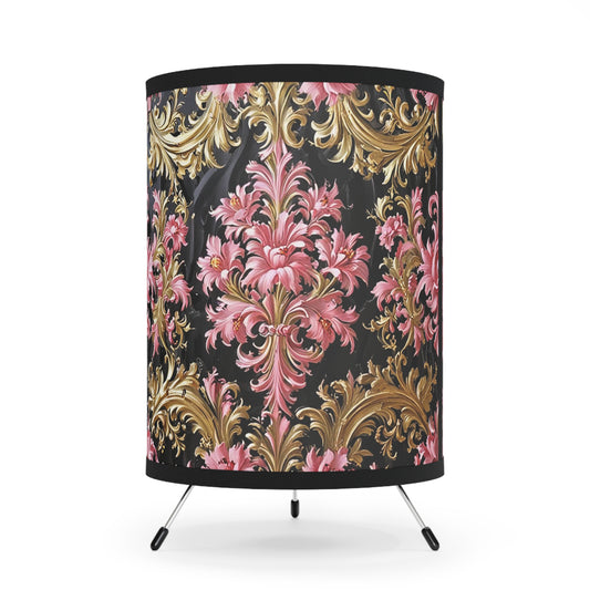 Elegant Floral Tripod Lamp with Decorative Shade, Boho Decor, Unique Lighting, Home Decor, Vintage Style - Black & Pink Oil Painting Style Rococo