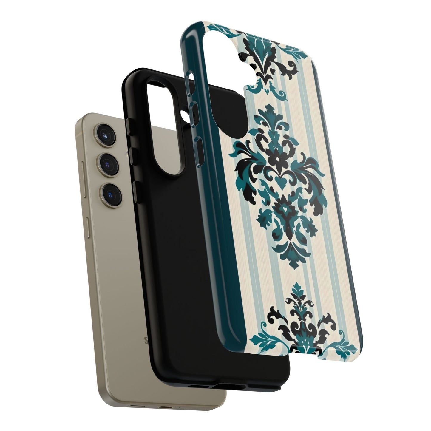 Elegant Floral Phone Case - Tough Cases with Vintage Design - Teal Striped Damask