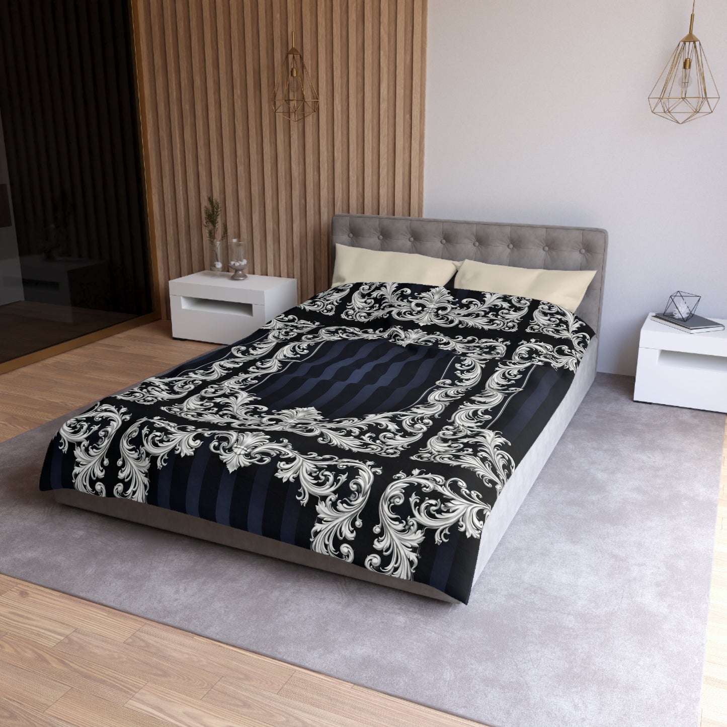 Navy Stripes & Baroque Microfiber Duvet Cover