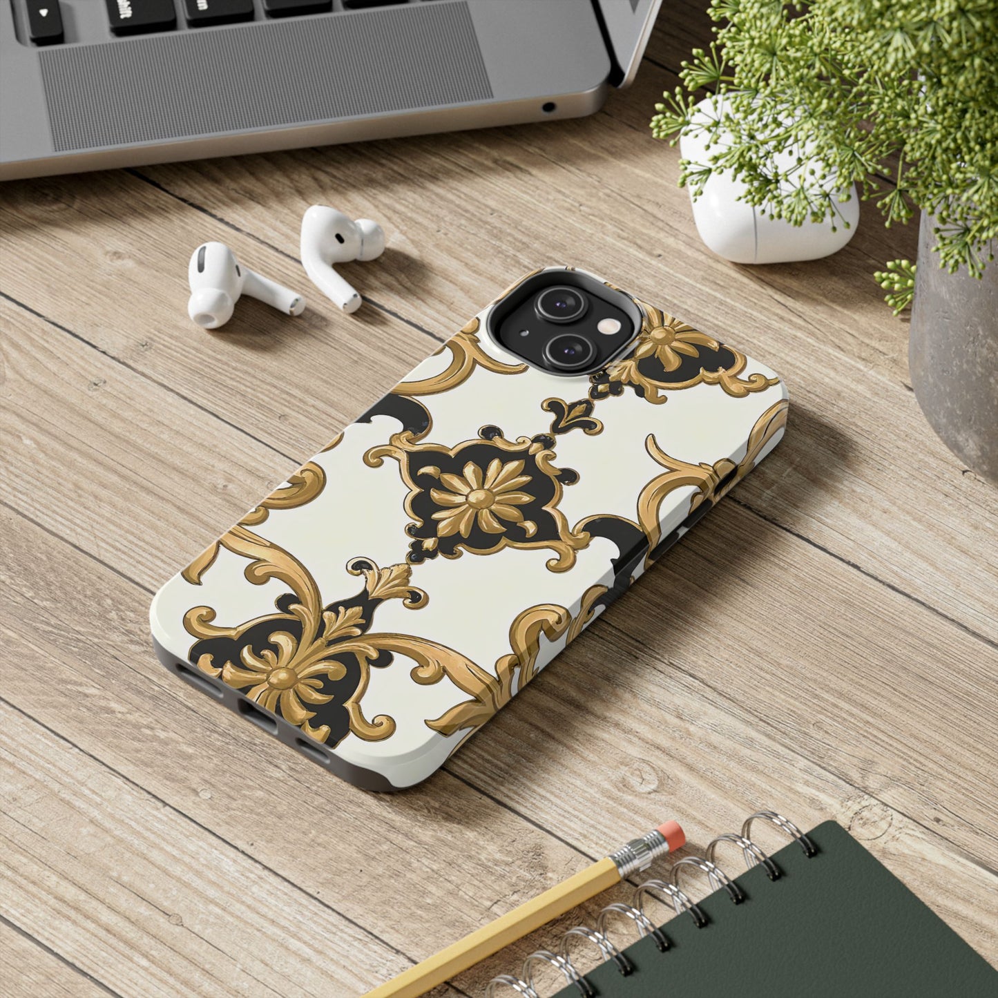 Elegant Floral Tough Phone Cases, Durable Phone Cover, Stylish Phone Accessories, Gift for Her, Chic Phone Cases - Black & Gold Rococo