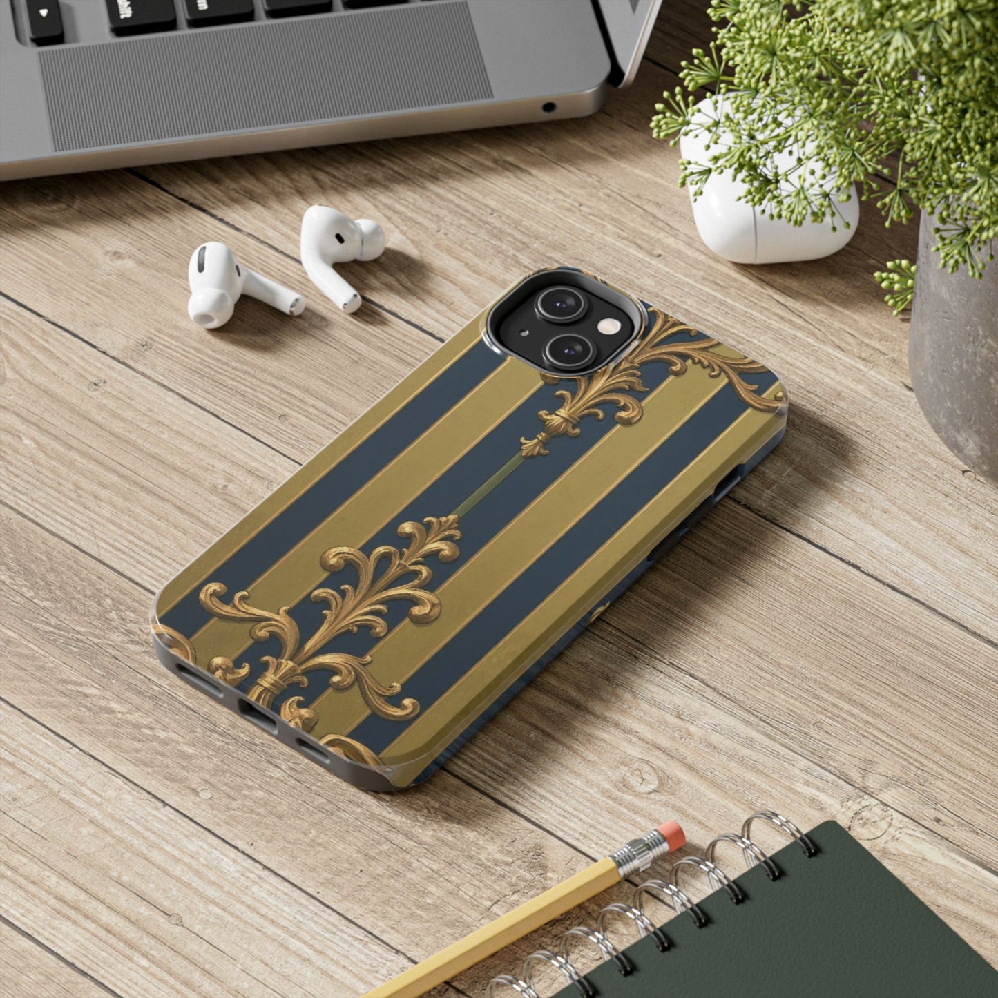 Elegant Midnight Blue & Olive Striped Gold Baroque Tough Phone Case, Phone Cover, Durable Case for Protection, Stylish Gift for Him/Her