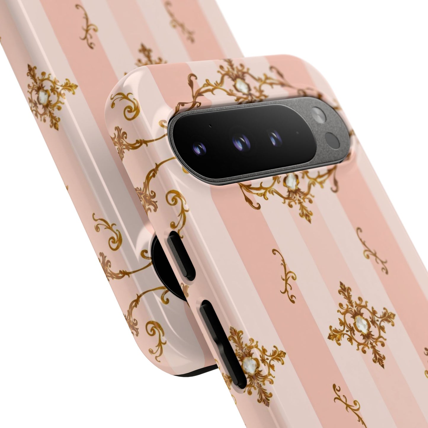 Elegant Floral Phone Case, Tough Cases for Women, Trendy Phone Cover, Chic Gift - Pink Jeweled Striped Gold Baroque