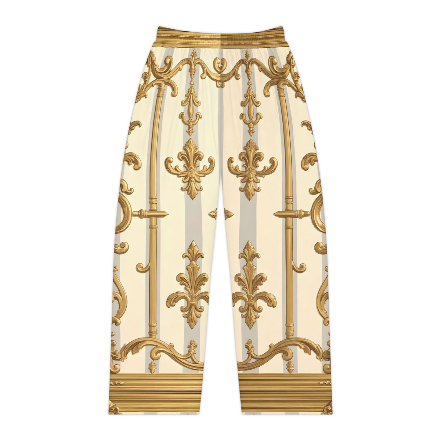 Elegant Women's Pajama Pants, Luxe Loungewear, Golden Ornate Design, Cozy Sleepwear - Matte Gray & Cream Striped Gold Baroque
