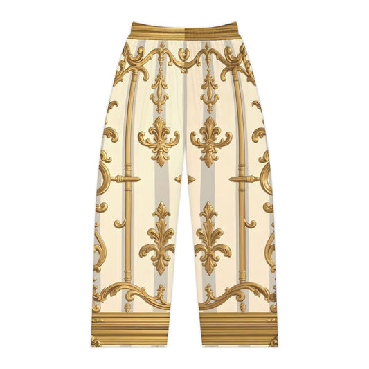 Elegant Women's Pajama Pants, Luxe Loungewear, Golden Ornate Design, Cozy Sleepwear - Matte Gray & Cream Striped Gold Baroque