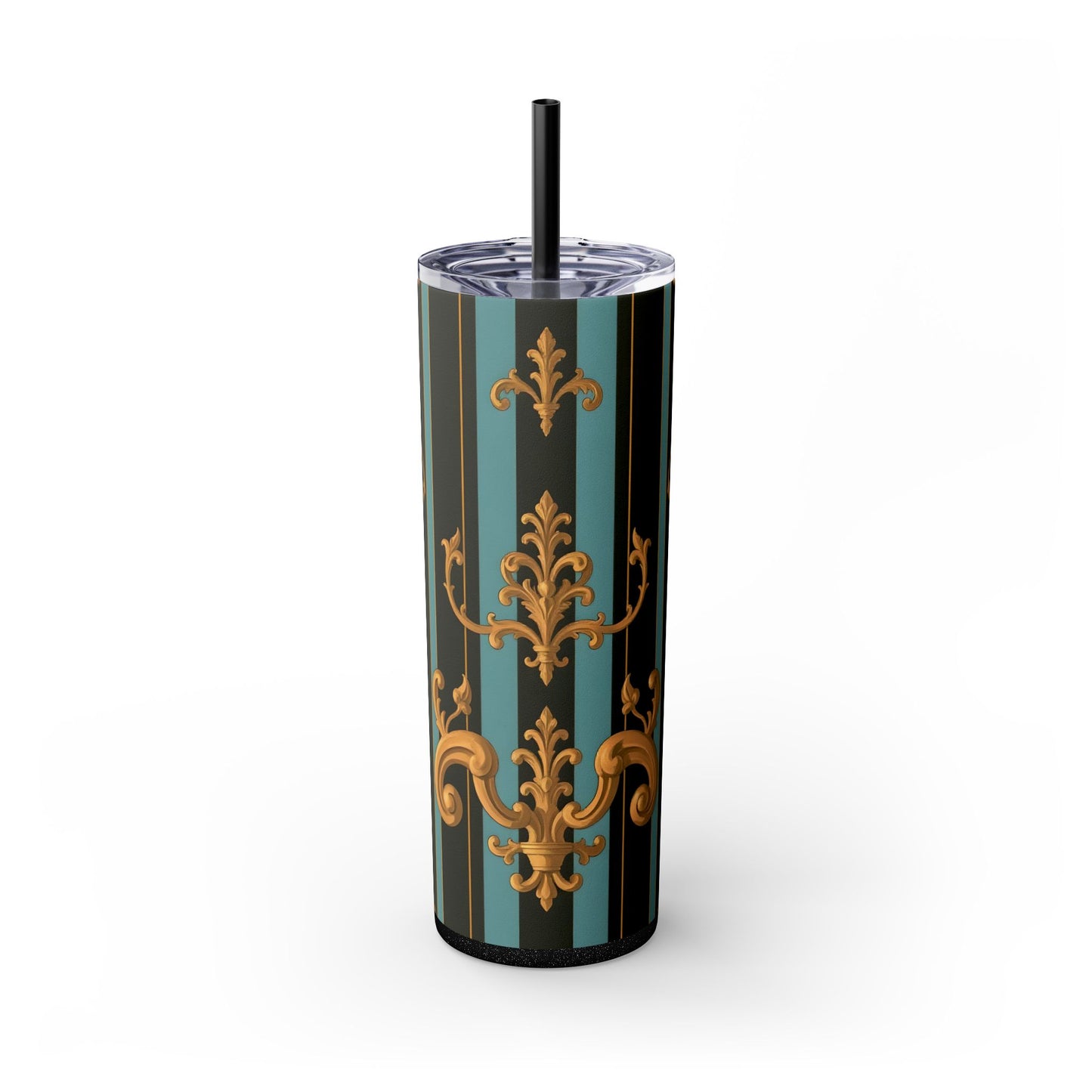 Elegant Vintage Skinny Tumbler with Straw, 20oz | Gold Floral Pattern, Reusable Drinkware, Perfect for Home - Black & Turquoise Striped Baroque