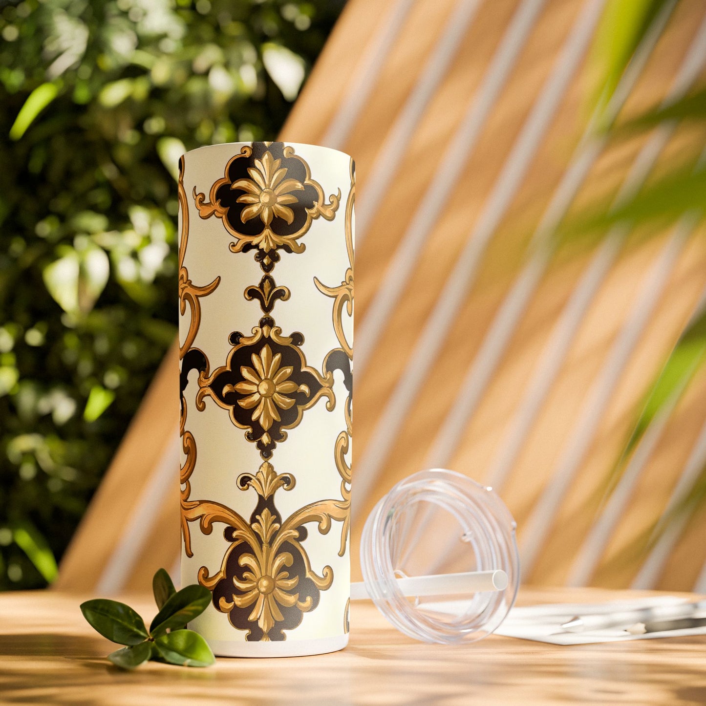 Elegant Gold Floral Skinny Tumbler, 20oz | Insulated Cup for Hot & Cold Drinks, Travel Mug, Gift for Mom, Stylish Drinkware - Black & Gold Rococo