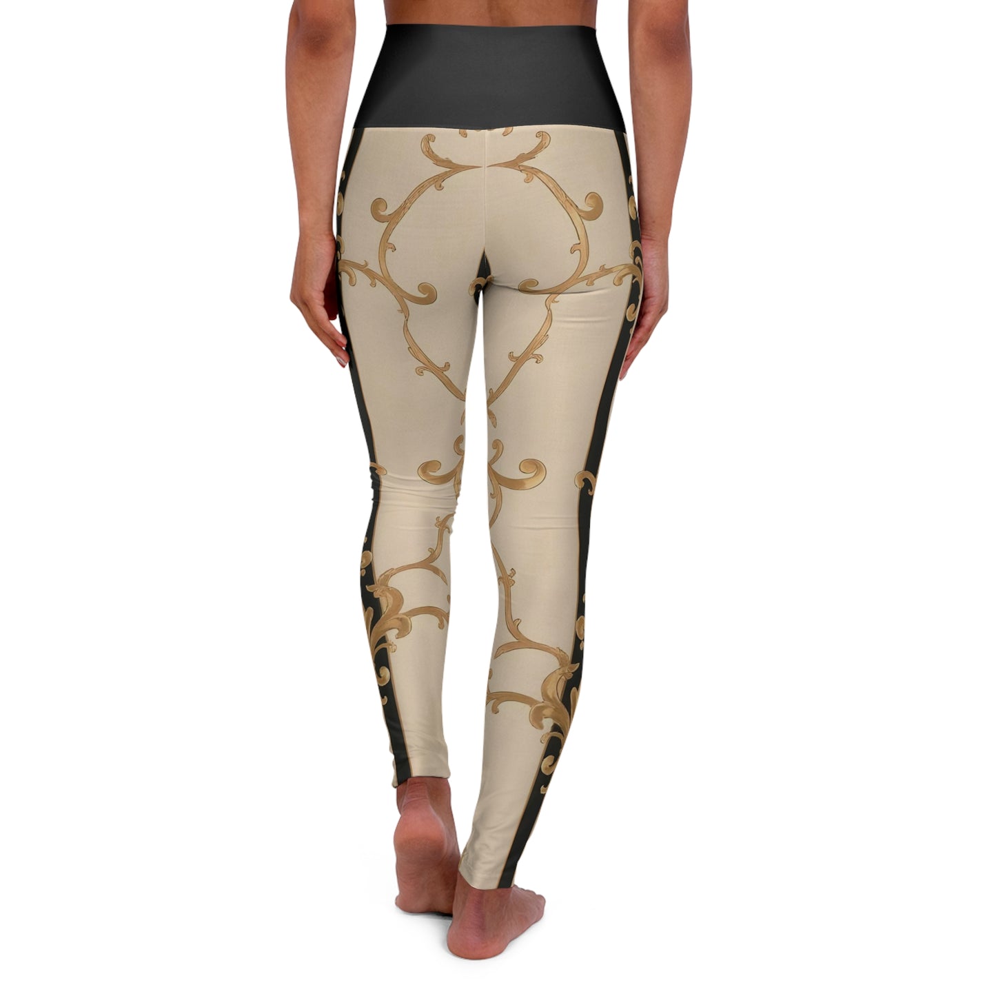 Elegant High Waisted Yoga Leggings, Floral Fitness Leggings, Workout Apparel, Exercise Pants - Black & Beige Striped Damask