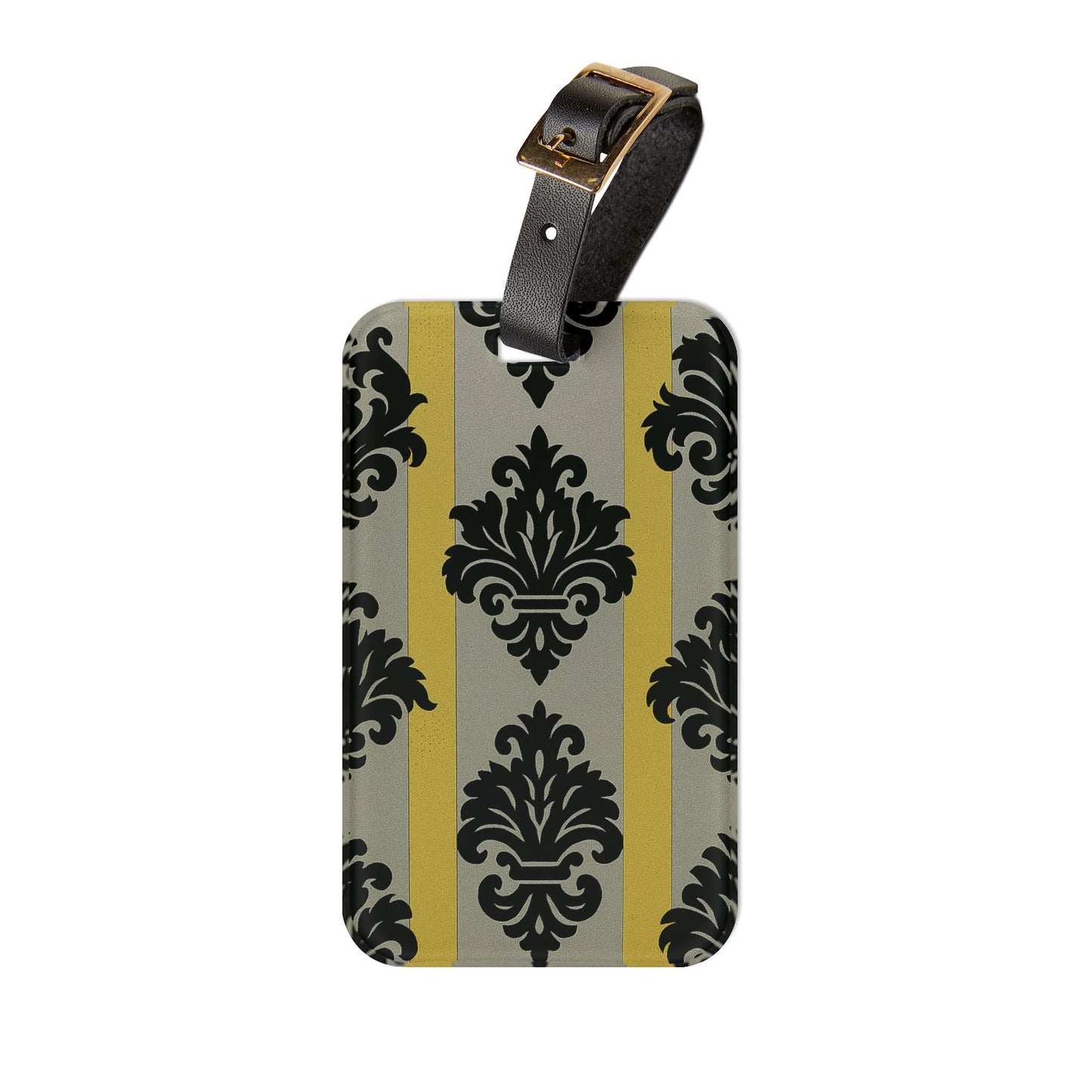 Elegant Vintage Luggage Tag | Travel Accessory, Personalized Baggage Identifier, Gift for Travelers - Silver & Gold Striped Black Baroque
