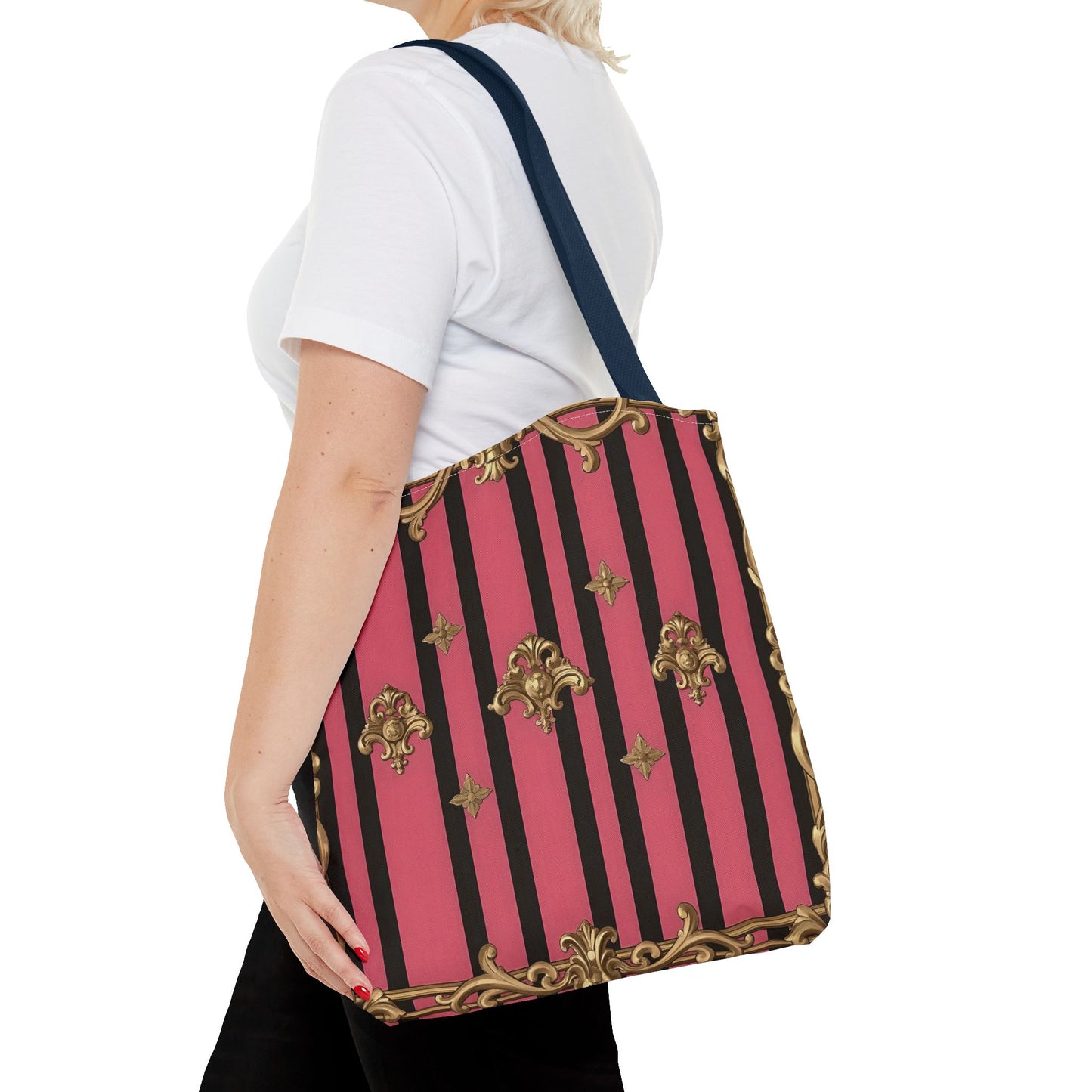 Chic Floral Tote Bag - Elegant Reusable Shopping Bag, Fashion Accessory, Gift for Her, Everyday Use, Eco-Friendly - Pink Striped Gold Rococo