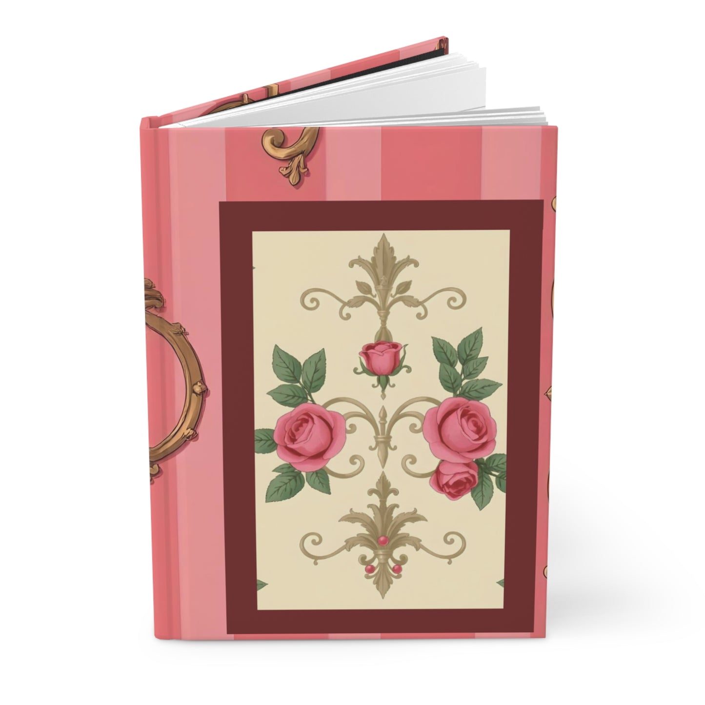 Elegant Floral Hardcover Journal - Vintage Rose Design - Pink Striped Baroque & Roses