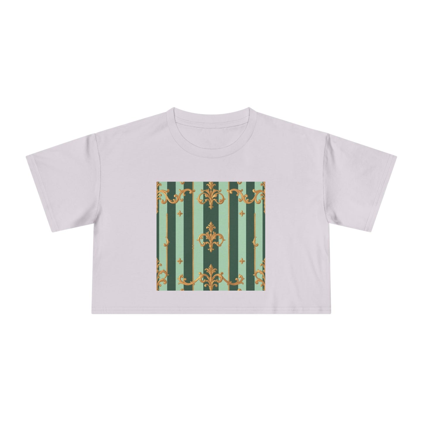Chic Women's Crop Tee with Elegant Patterns, Fashion Top, Summer Style, Trendy Outfit, Gift for Her - Mint Green & Teal Striped Gold Baroque