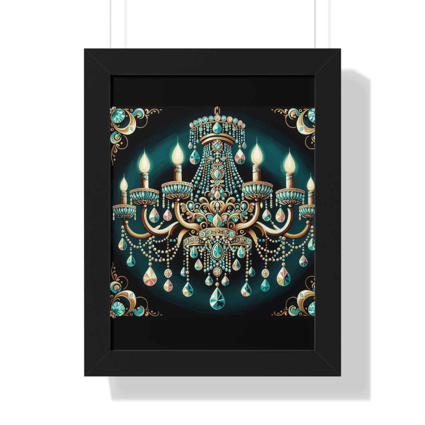 Elegant Chandelier Art Print, Framed Vertical Poster, Home Decor, Wall Art, Gift for Her, Luxury Interior Decoration - Teal Jeweled Chandelier