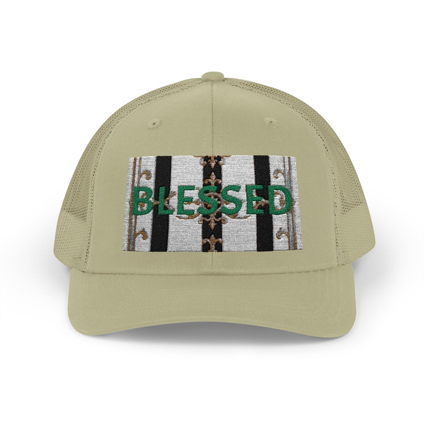Blessed Snapback Trucker Cap | Casual Style, Outdoor Gear, Faith-Based Gift, Adjustable Hat, Everyday Fashion - Black & White Striped Gold Baroque