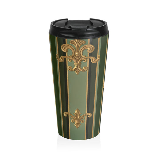 Elegant Vintage Stainless Steel Travel Mug - Stylish Coffee Cup for Travel, Gift for Her, Home Decor - Green Striped Gold Baroque