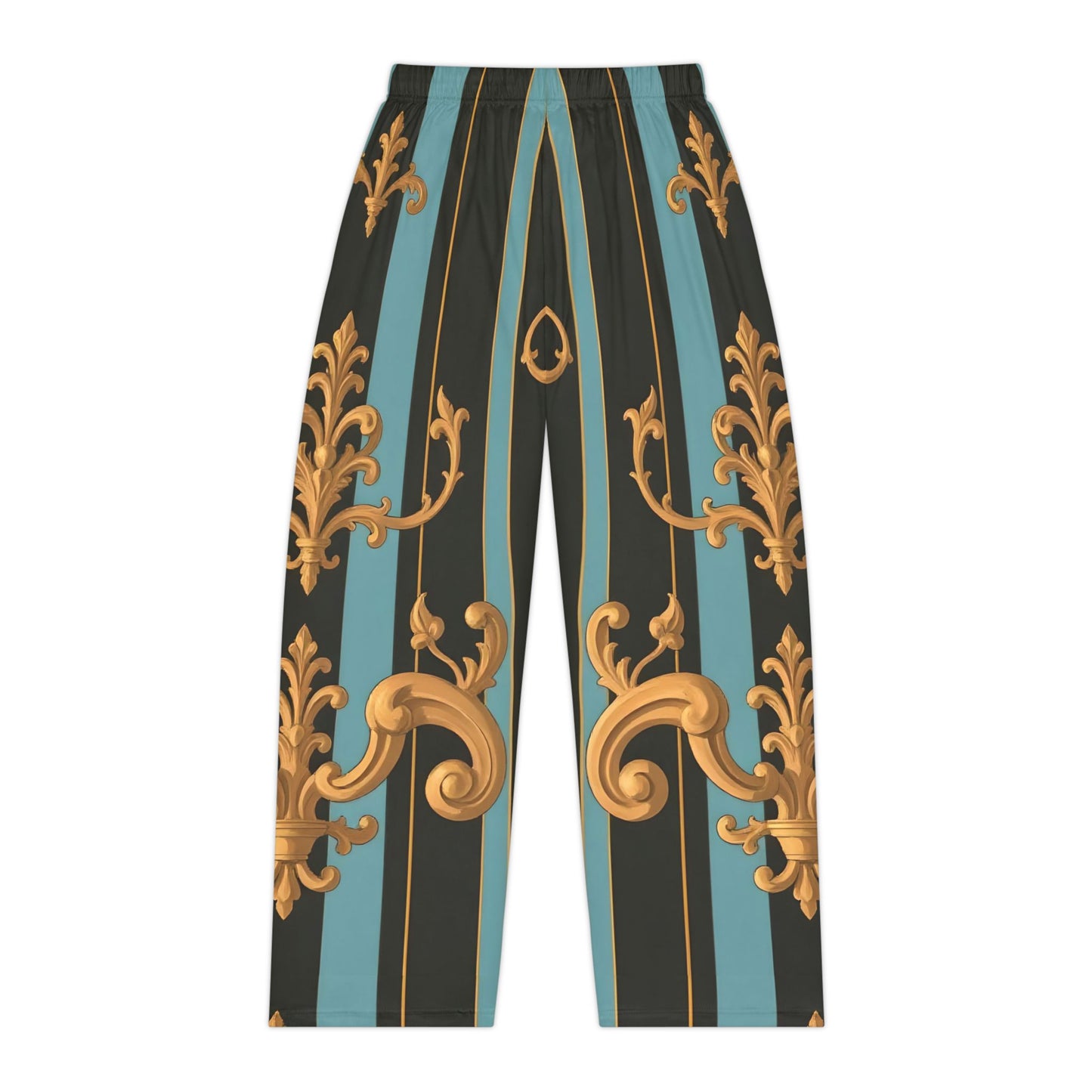 Elegant Women's Pajama Pants, Stylish Sleepwear, Comfortable Lounge Pants, Fashionable Nightwear - Black & Turquoise Striped Baroque
