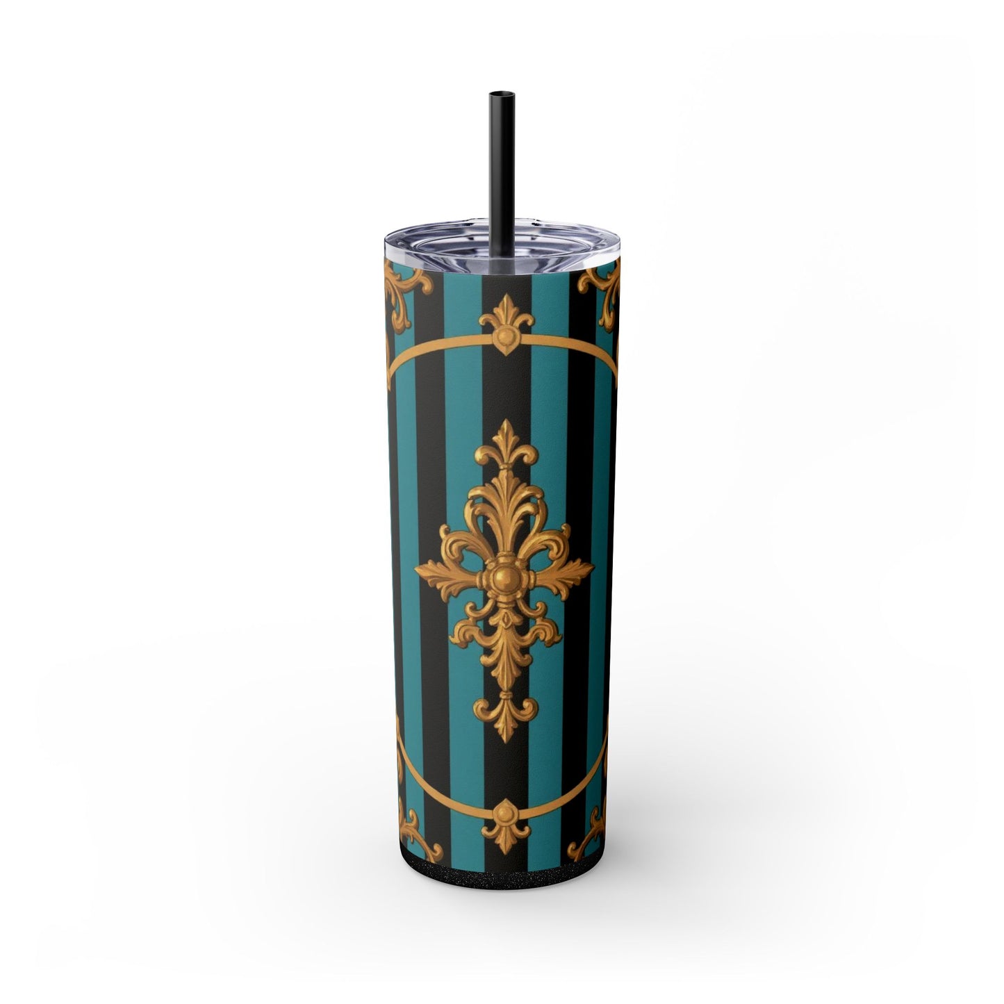 Elegant Turquoise & Black Striped Gold Baroque Skinny Tumbler with Straw, 20oz, Stylish Travel Mug, Party Favor, Birthday Gift, Drinkware