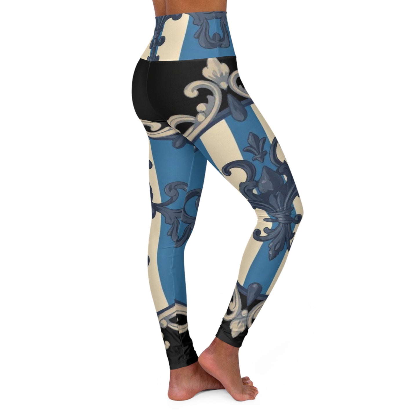 Chic Blue & Alabaster Striped Baroque High Waisted Yoga Leggings, Stylish Workout Gear, Activewear, Fitness Fashion, Comfortable Leggings