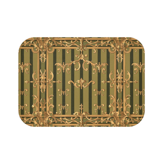 Elegant Vintage Floral Bath Mat, Luxurious Bathroom Decor, Indoor Door Mat, Gift for Home Lovers - Olive Green Striped Rococo