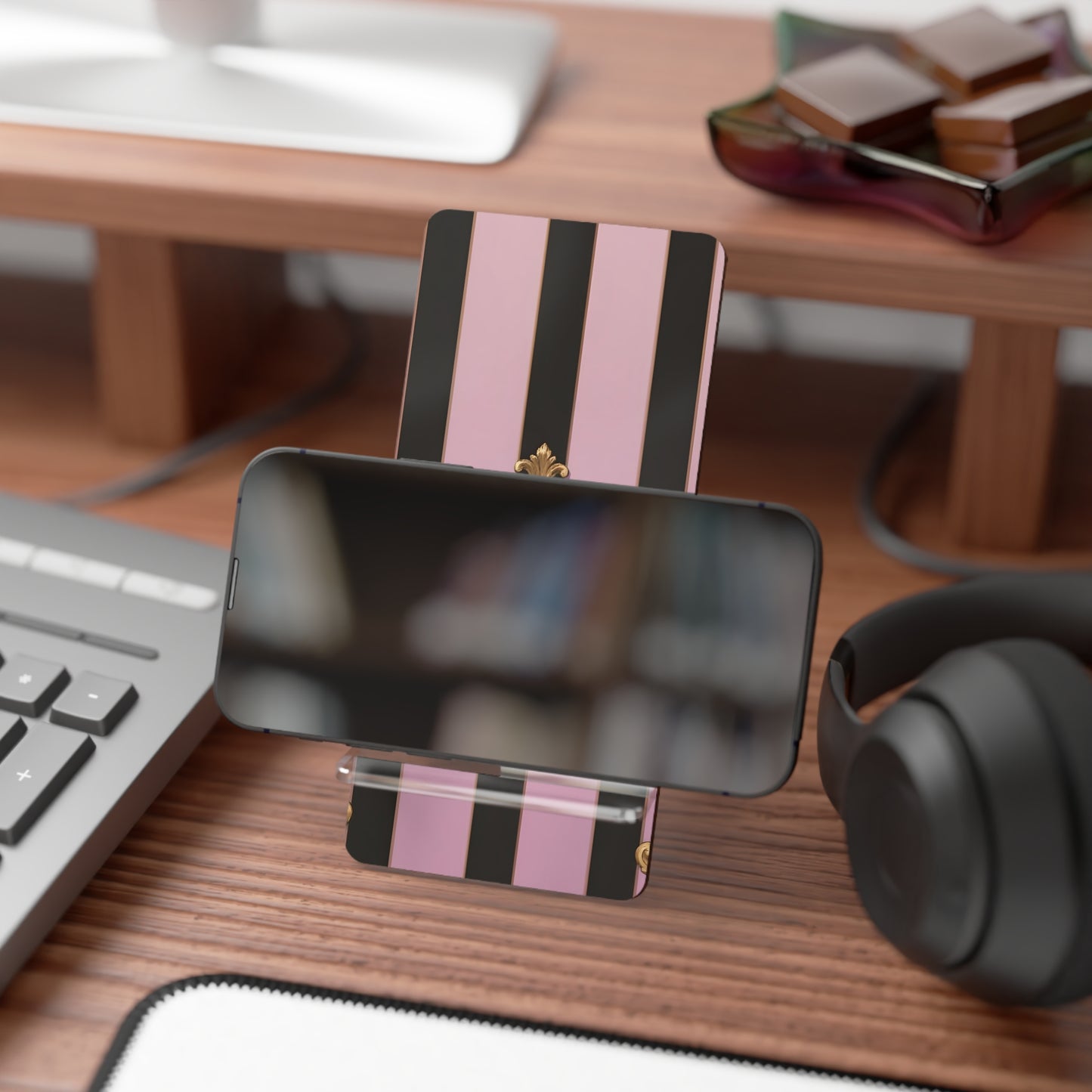 Chic Smartphone Stand with Gold Accents, Elegant Phone Holder, Desk Organizer, Tech Accessories - Matte Lavender & Black Striped Gold Baroque