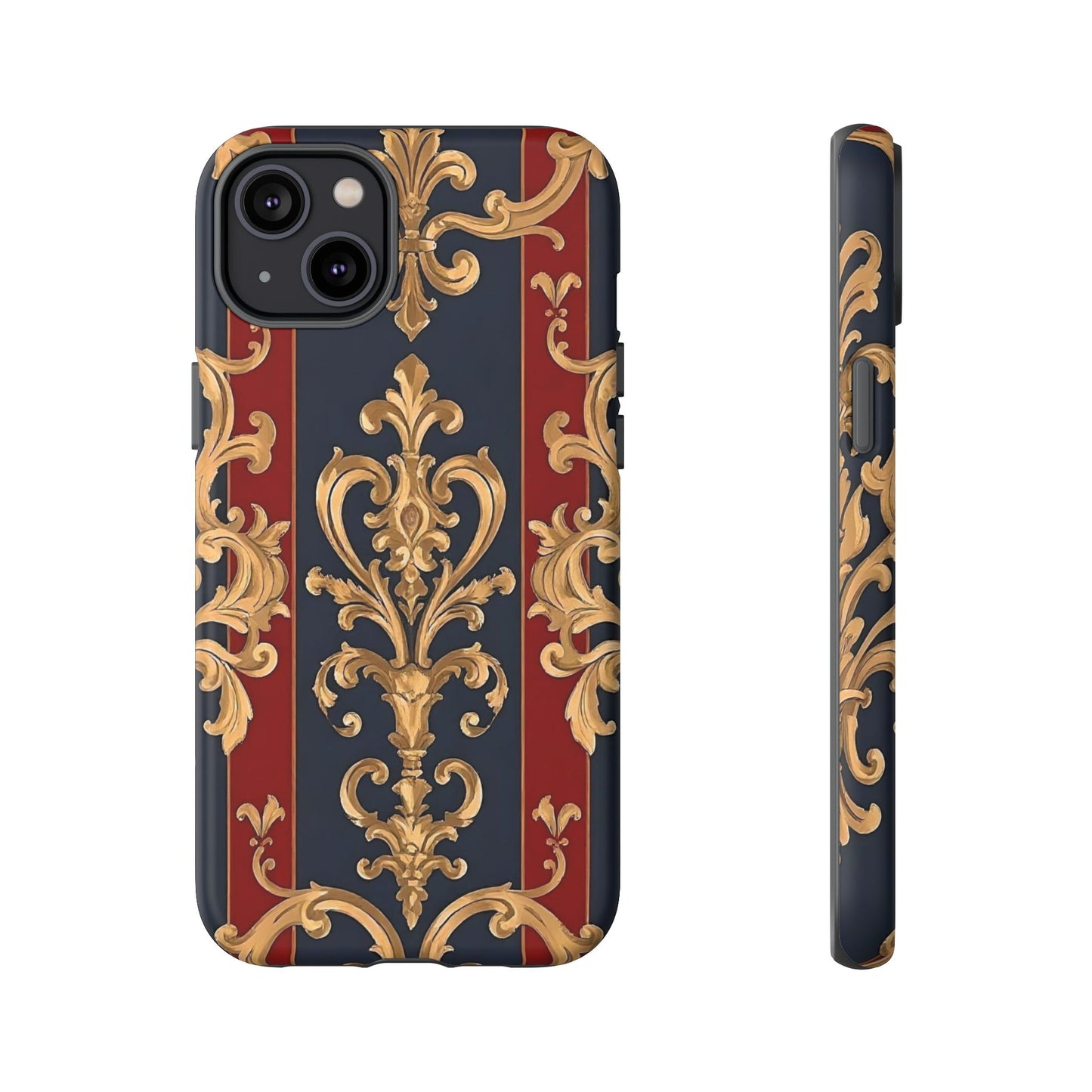 Elegant Floral Motif Phone Case - Tough Cases with Vintage Design - Midnight Blue & Dusk Red Striped Gold Damask