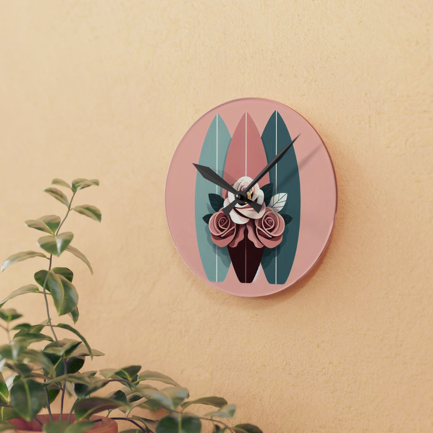 Bohemian Surf-Inspired Acrylic Wall Clock with Floral Design - Burgundy, Matte Mauve & Teal Surfboard & Roses Design