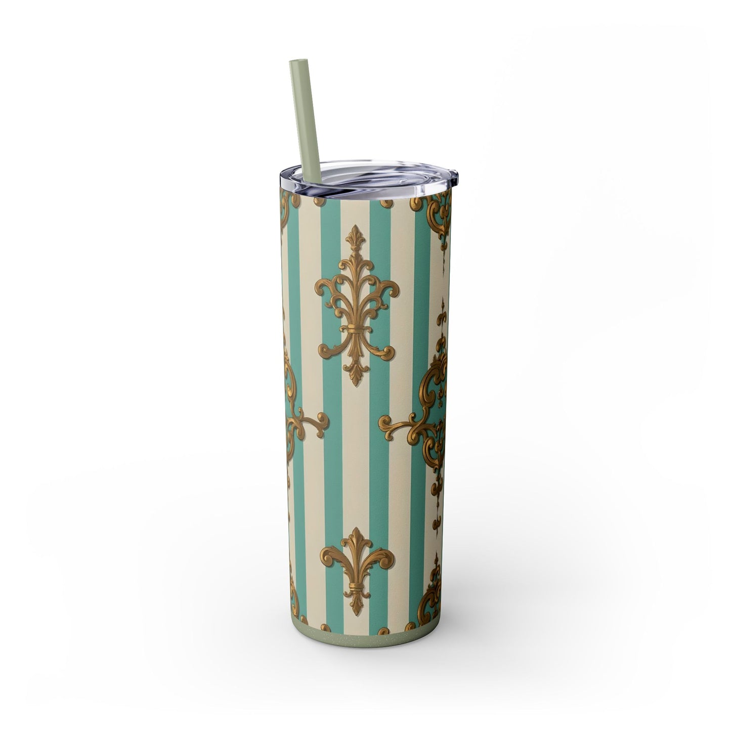 Elegant Vintage Skinny Tumbler with Straw, 20oz, Stylish Drinkware, Perfect Gift for Home, Coffee Lovers - Matte Green Striped Rococo