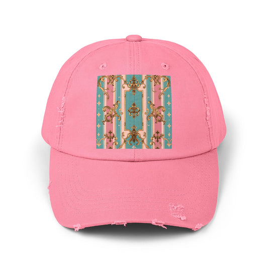 Stylish Unisex Distressed Cap with Floral Pattern, Casual Hat, Trendy Headwear, Summer Accessory - Pink & Matte Turquoise Striped Rococo