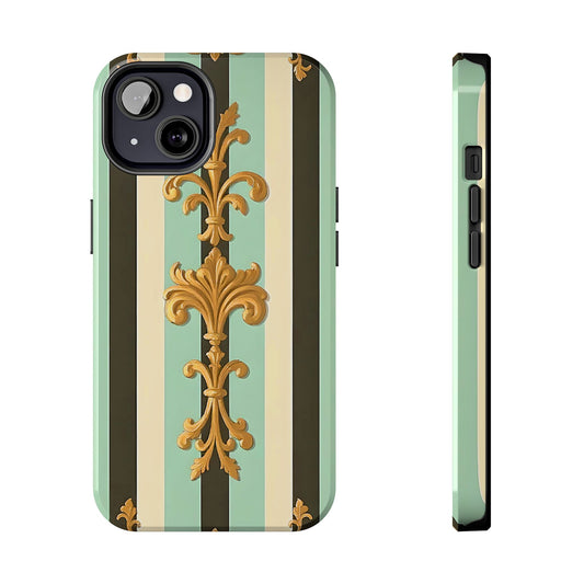 Elegant Floral Tough Phone Cases - Stylish Protection for All Occasions, Gifts for Her, Phone Covers - Black & Matte Mint Striped Rococo