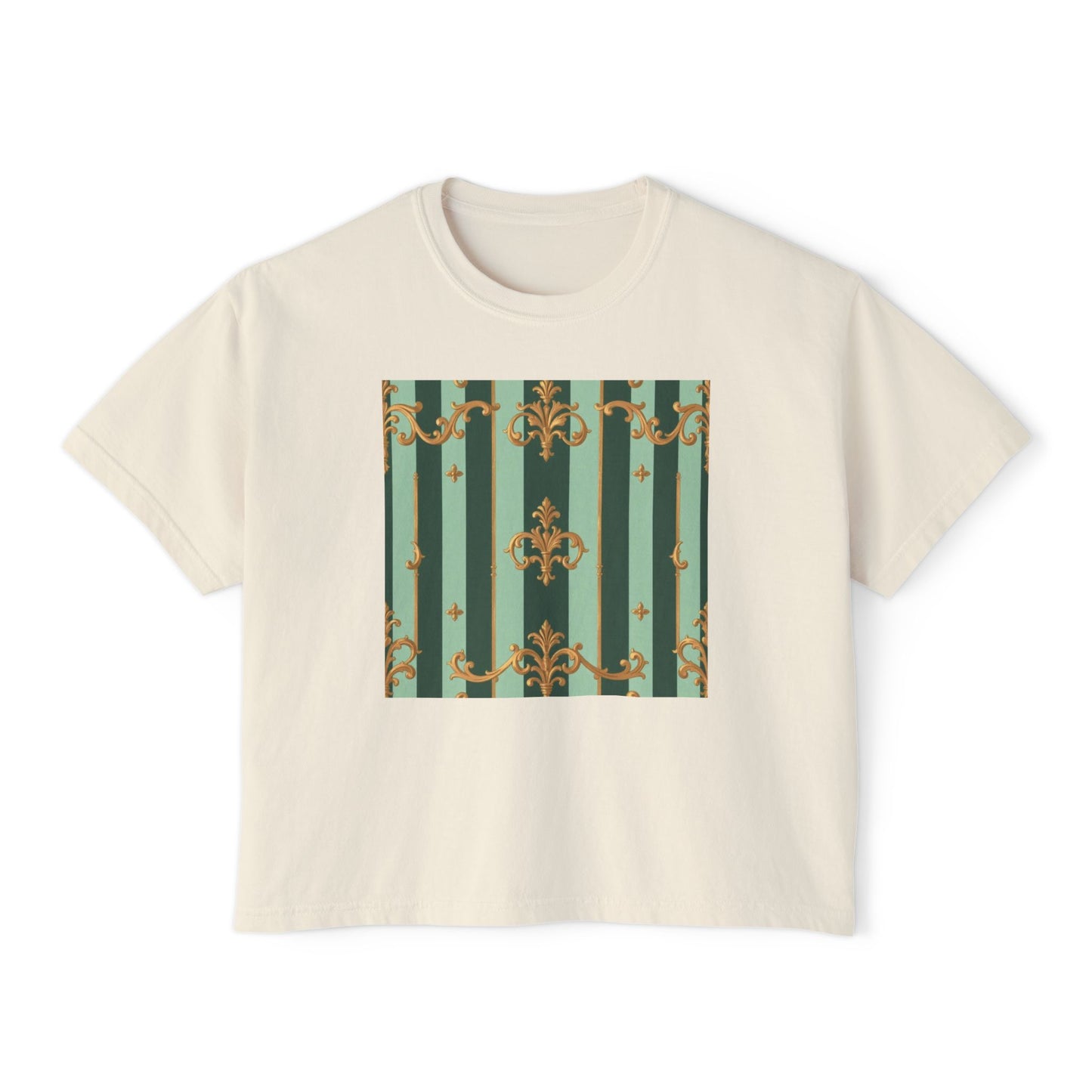 Chic Women's Boxy Tee, Vintage Inspired Tops, Casual Everyday Wear, Fashion for Her, Stylish Graphic Tee - Mint Green & Teal Striped Gold Baroque