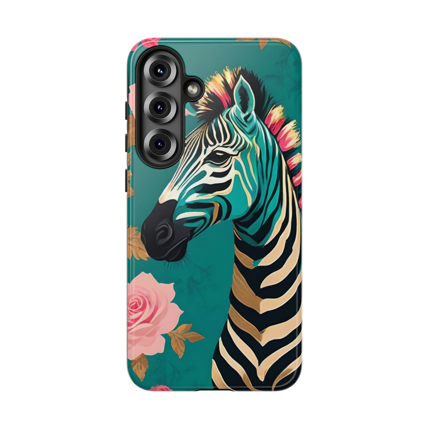 Phone Case - Elegant Teal & Gold Zebra & Roses Design