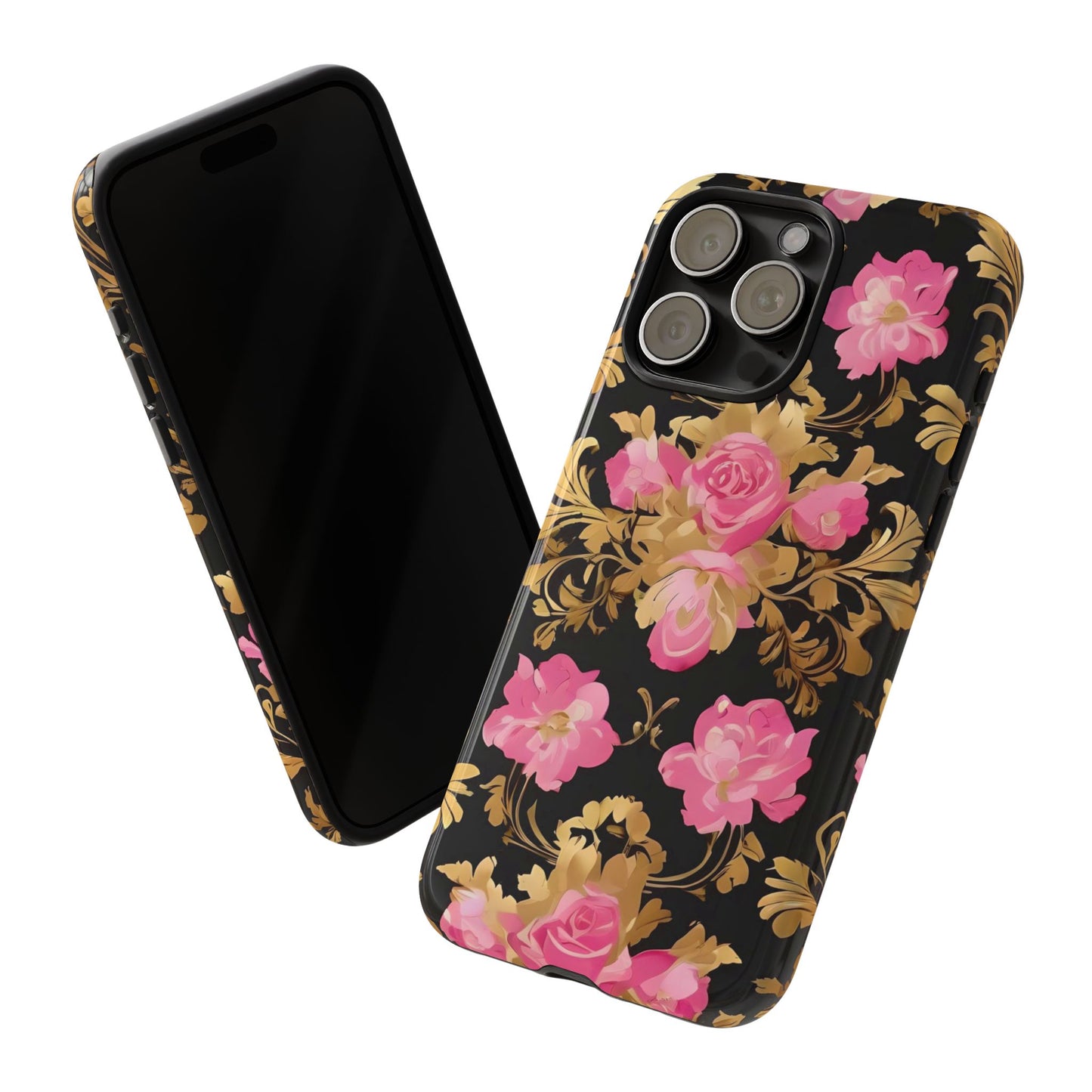 Elegant Floral Motif Phone Case - Tough Cases with Vintage Design - Pink & Gold Roses