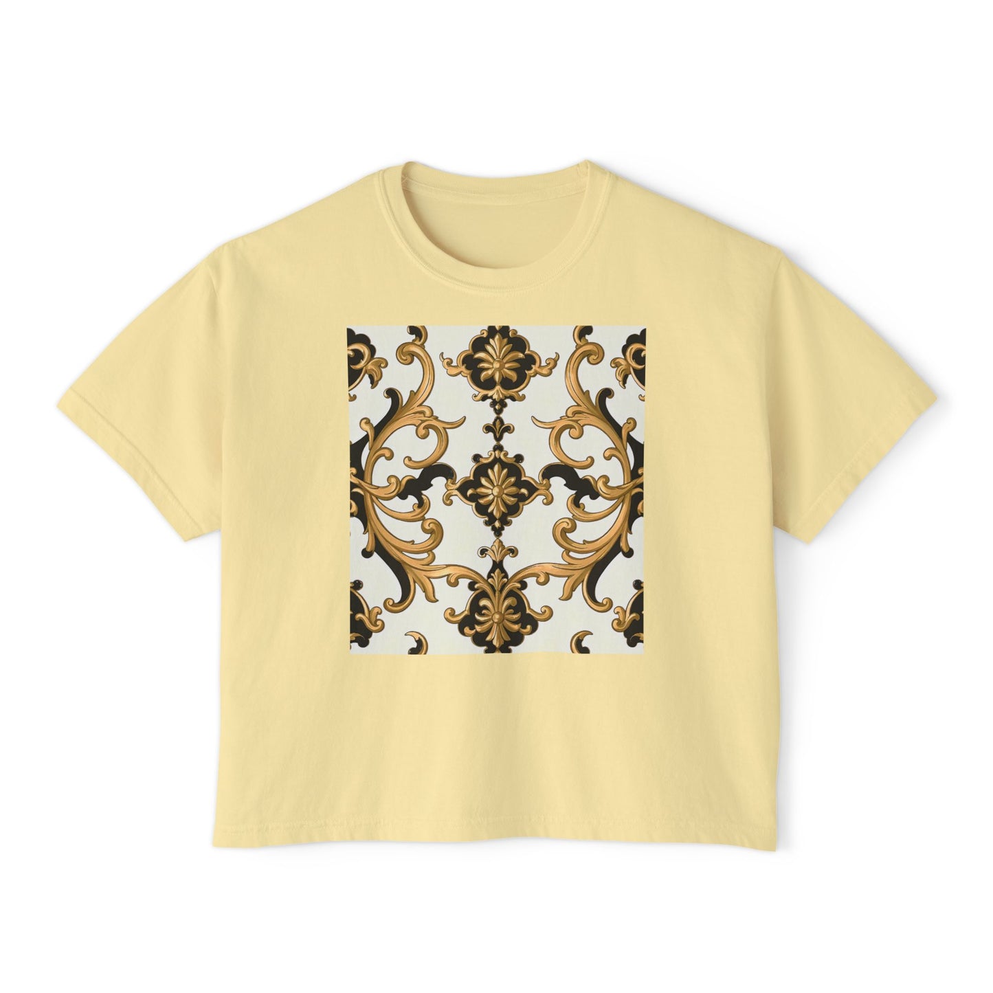 Chic Floral Women's Boxy Tee, Casual Fashion Top, Spring/Summer Essential, Relaxed Fit Tee, Vintage-Inspired Shirt - Black & Gold Rococo