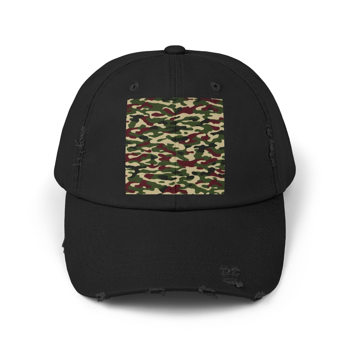 Camo Distressed Cap | Unisex Fashion Hat, Trendy Outdoor Accessory, Gift for Him/Her, Casual Wear, Sports Cap - Army Green & Burgundy Camo