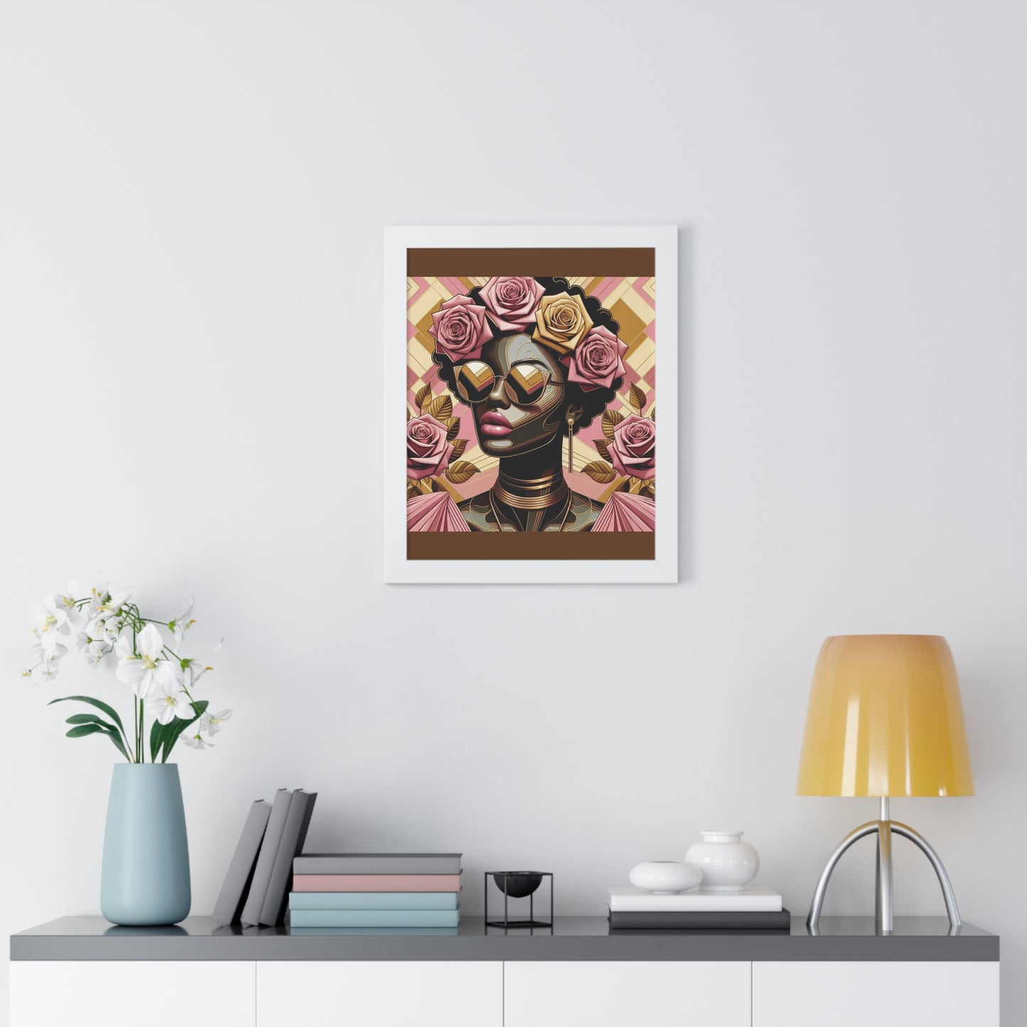 Elegant Framed Vertical Poster of Floral Woman, Home Decor, Wall Art, Gift for Her, Feminine Art Print - Pink Roses Lady