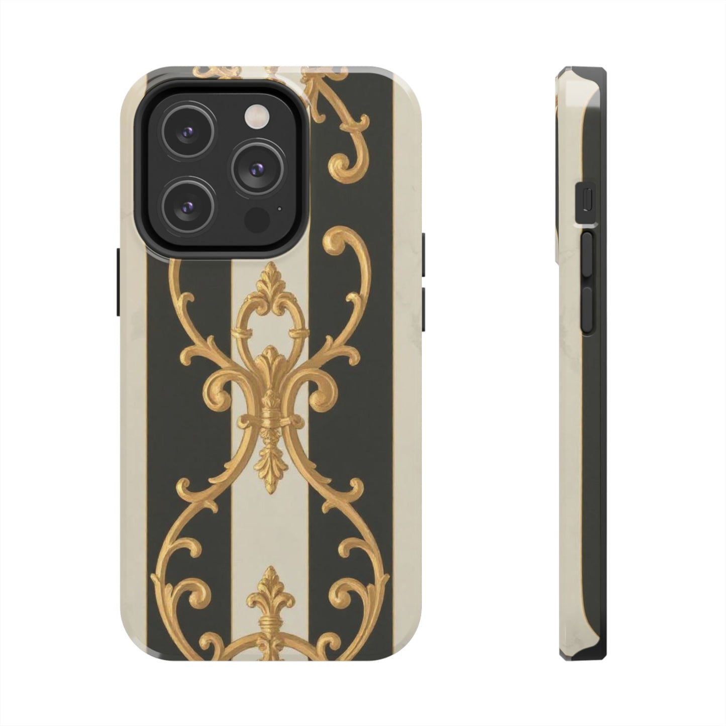 Elegant Black & Alabaster Striped Baroque Tough Phone Cases - Chic Protection, Black Gold Decor, Stylish Accessory, Gift for Her, Trendy Tech