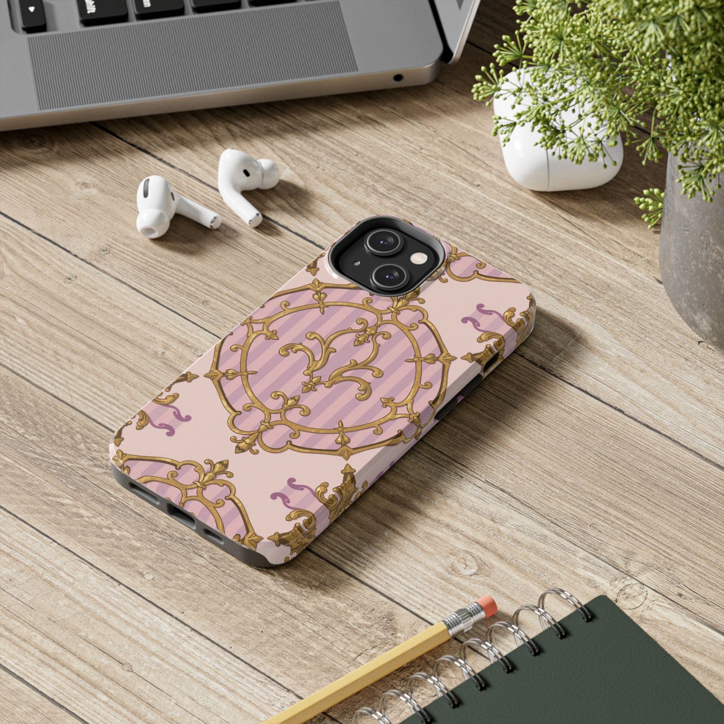 Elegant Vintage Phone Case, Tough Phone Case, Lavender & Alabaster Striped Gold Baroque Phone Cover, Stylish Phone Protector, Gift for Her
