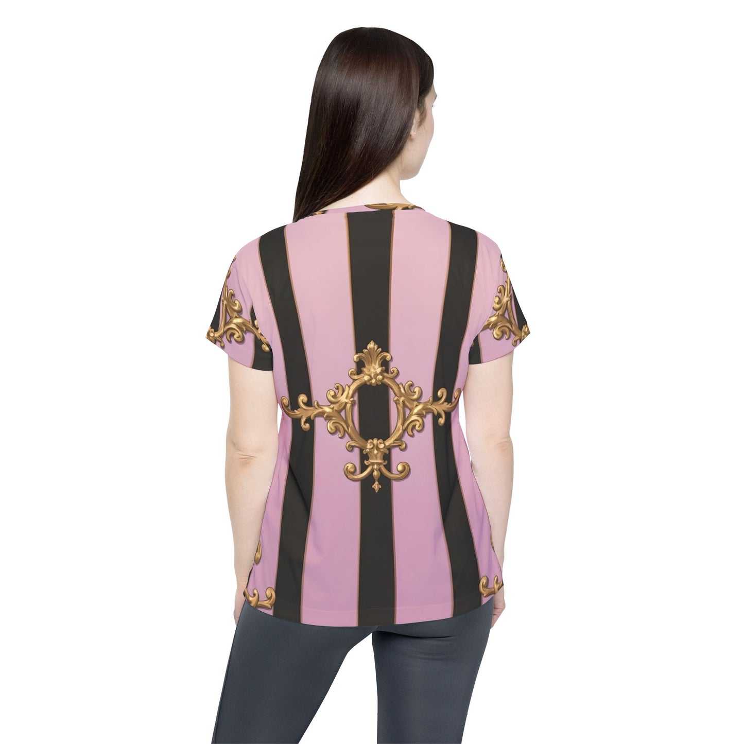 Elegant Women's Sports Jersey - Stylish Athletic Shirt, Trendy Activewear, Fashion Tee for Sports Lovers - Matte Lavender & Black Striped Gold Baroque