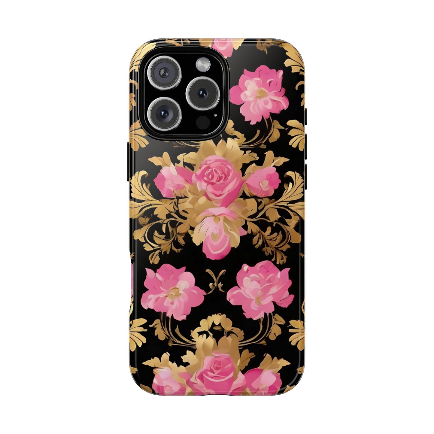 Elegant Floral Motif Phone Case - Tough Cases with Vintage Design - Pink & Gold Roses