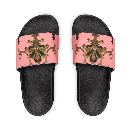 Chic Women's Removable-Strap Sandals, Summer Sandals, Stylish Footwear, Beach Slides - Pink, Black & Gold Rococo