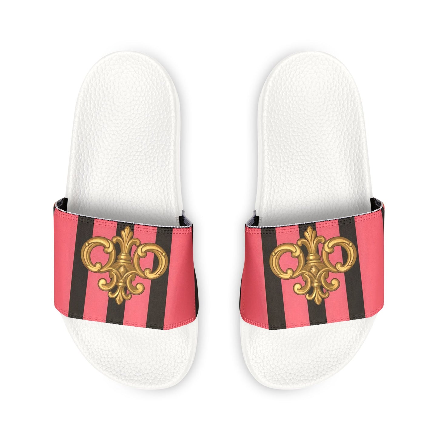 Chic Removable-Strap Sandals with Elegant Design, Stylish Summer Footwear, Beach Ready Slides - Pink & Black Striped Gold Baroque