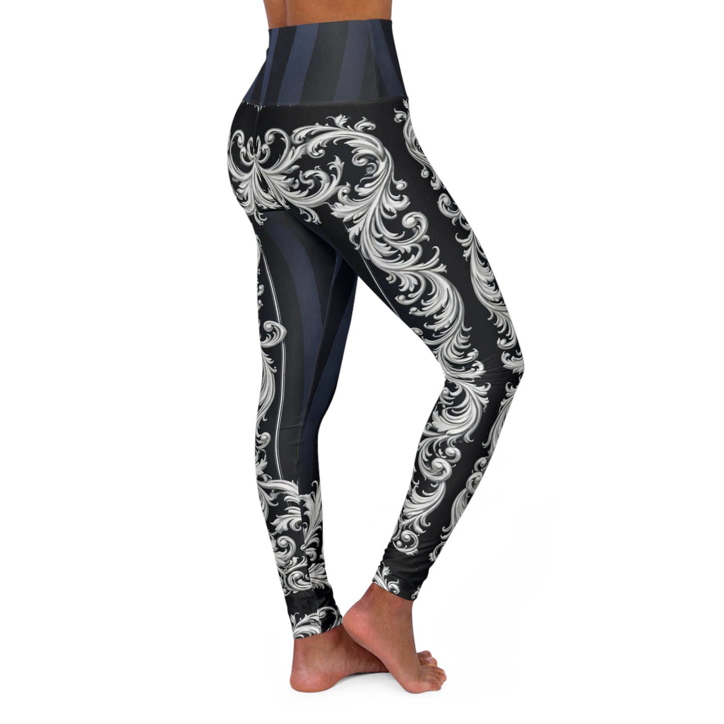 Navy Stripes & Baroque Scroll High-Waist Yoga Leggings