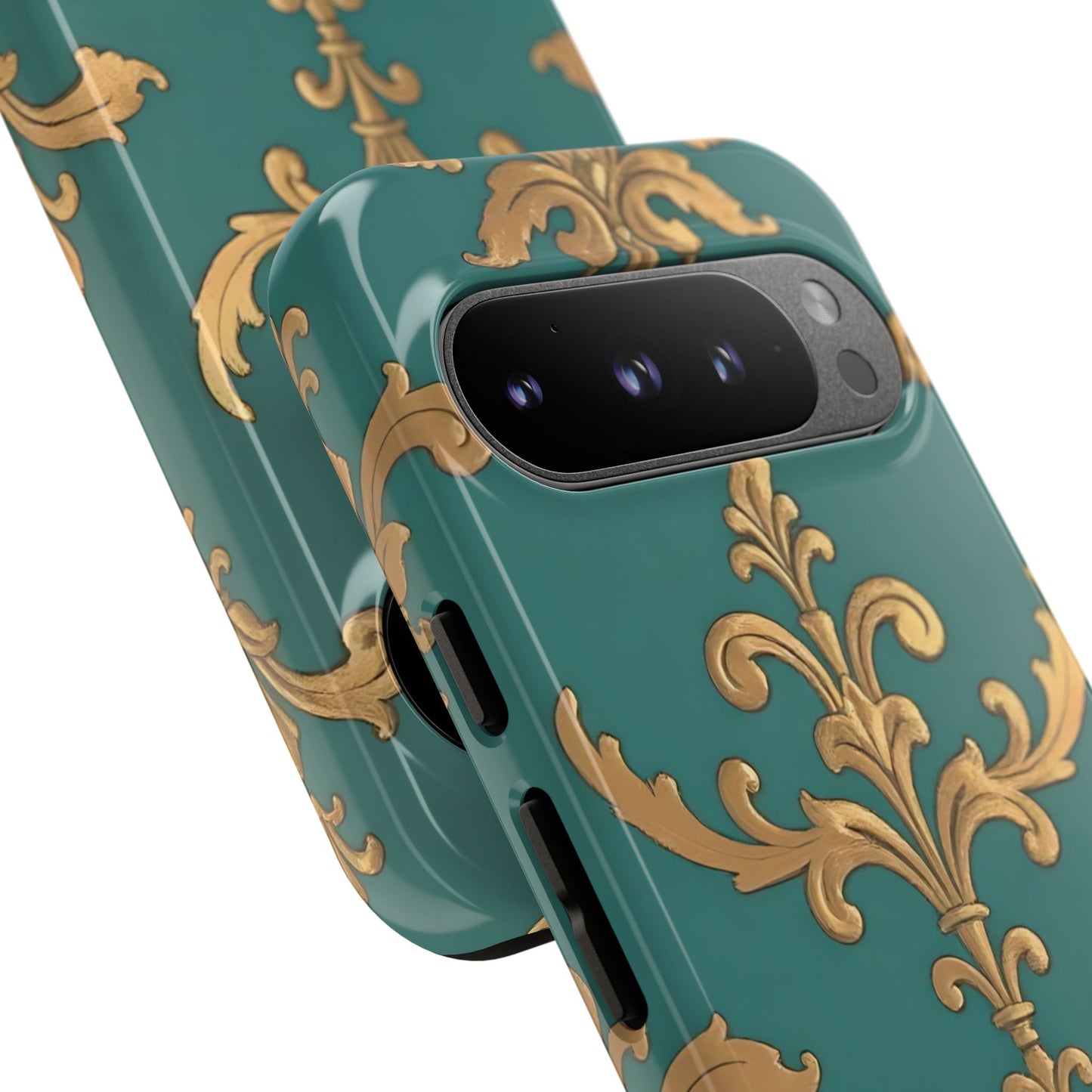 Elegant Floral Motif Phone Case - Tough Cases with Vintage Design - Aqua & Gold Damask