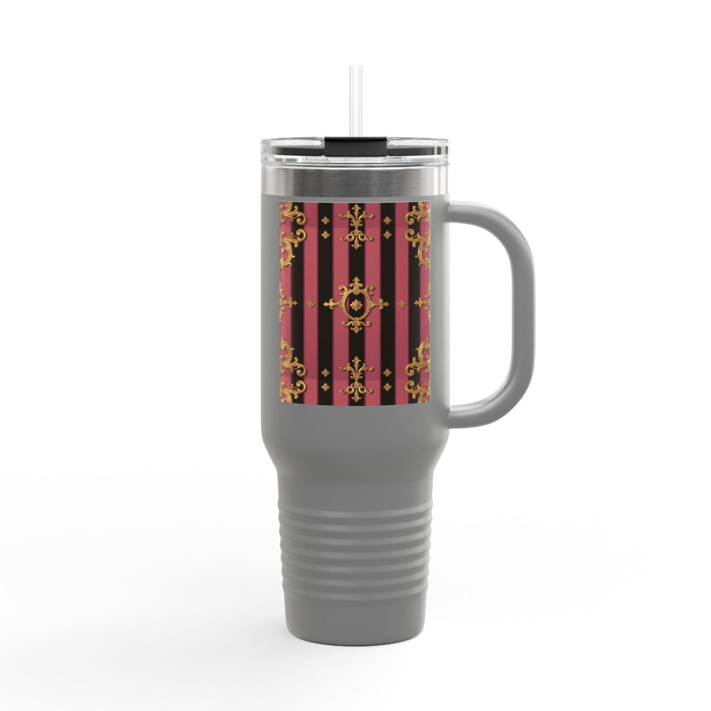 Elegant Black & Mauve Striped Gold Baroque Insulated Travel Mug, 40oz | Stylish Striped Travel Cup | Perfect for On-the-Go | Great Road Trips, and Work