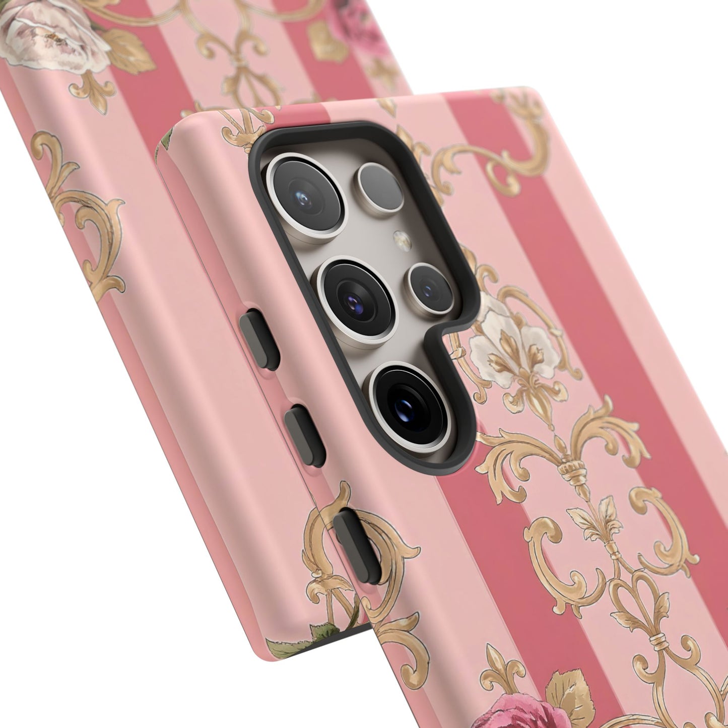 Elegant Floral Motif Phone Case - Tough Cases with Vintage Design - Pink Striped Roses & Damask