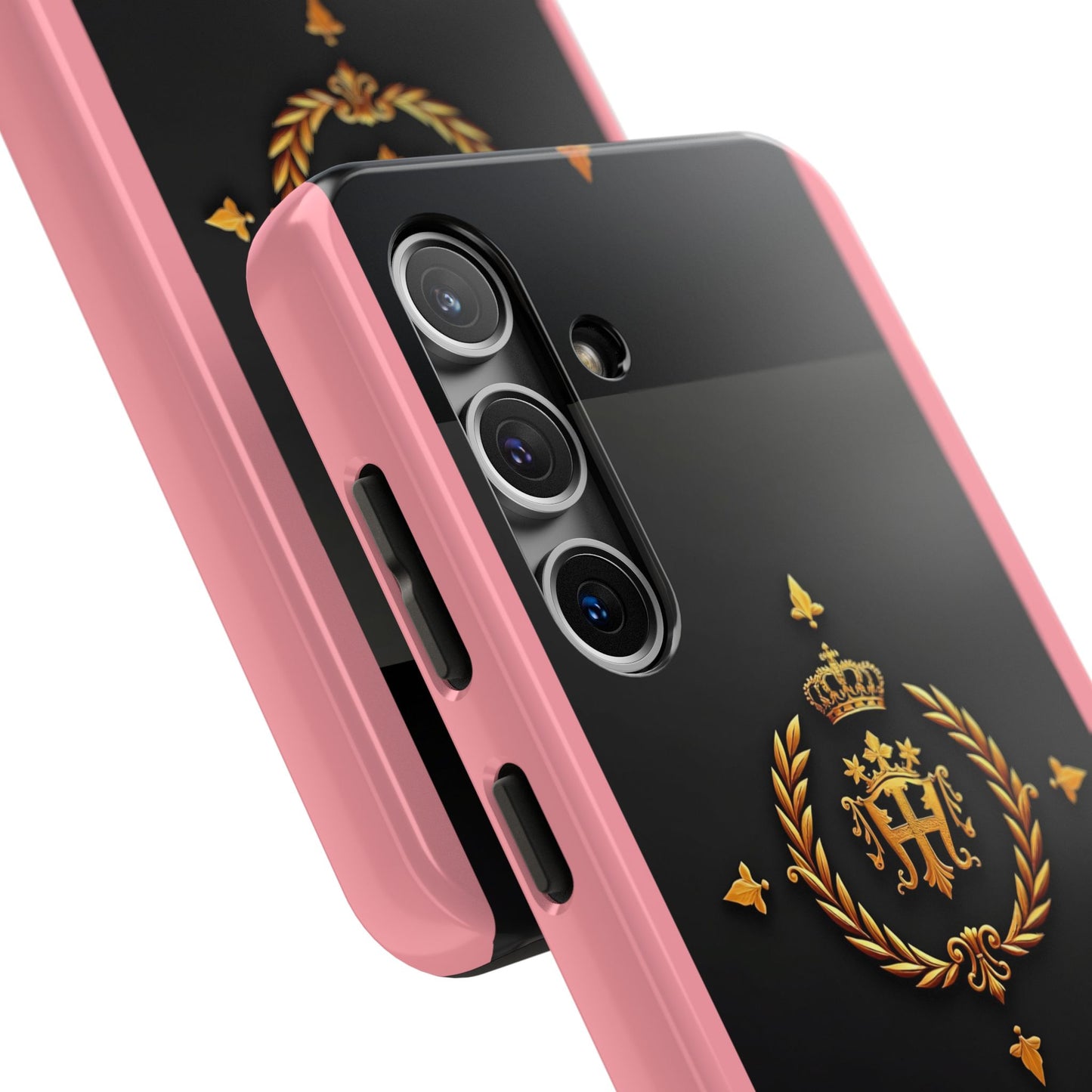 Tough Phone Case with Regal Design - Elegant Phone Protection, Gift for Him/Her, Royalty Inspired - Pink Striped Gold Crest